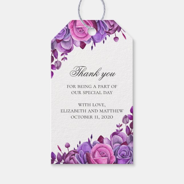 Étiquettes-cadeau Mariage floral merci. Fleurs roses et violettes (Devant)