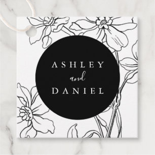 Étiquettes Cadeau Mariage floral moderne noir et blanc