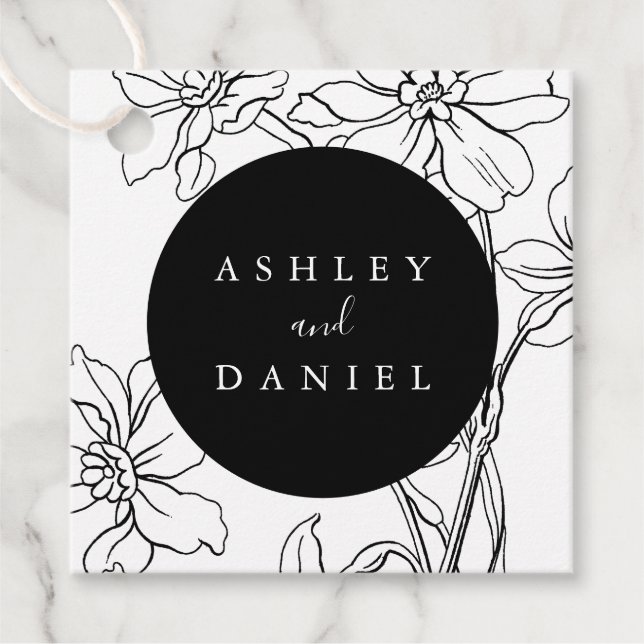 Étiquettes Cadeau Mariage floral moderne noir et blanc (Devant)