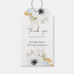 Étiquettes-cadeau Mariage floral or blanc marine