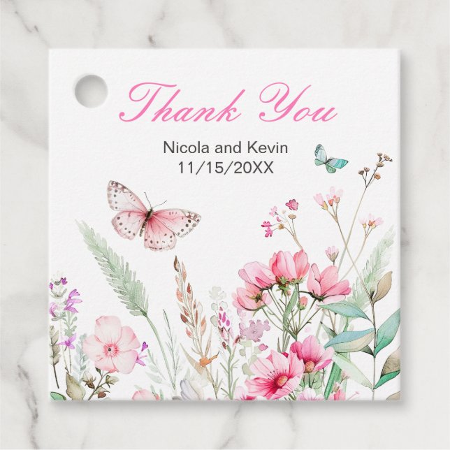 Étiquettes Cadeau Mariage floral papillon rose de printemps (Devant)
