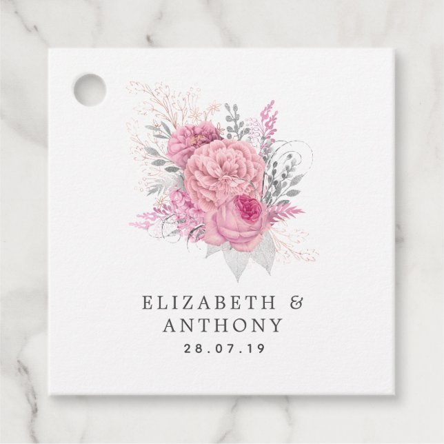 Étiquettes Cadeau Mariage floral rose, argenté et blanc Iridescendan (Devant)