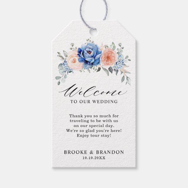 Étiquettes-cadeau Mariage floral rose bleu marine (Devant)
