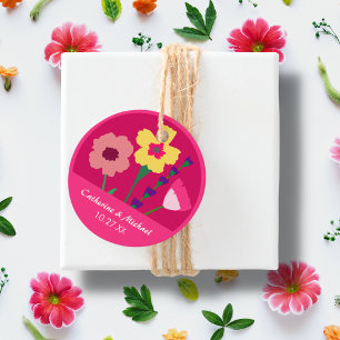 Étiquettes Cadeau Mariage floral rose gras et brillant Fuchsia