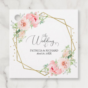 Étiquettes Cadeau Mariage Floral Rose Pâle Géométrique Or