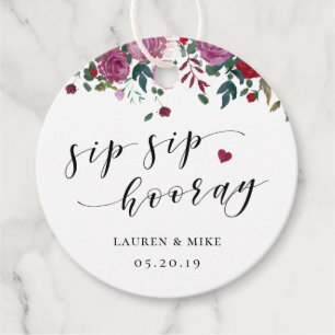 Étiquettes Cadeau Mariage Floral Rouge Bourgogne Sip Sip Hooray