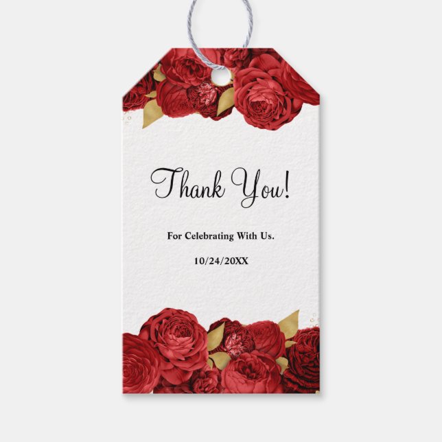 Étiquettes-cadeau Mariage Floral Rouge Et Or (Devant)