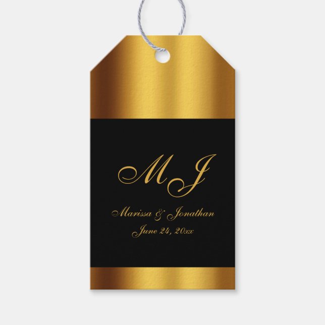 Étiquettes-cadeau Mariage frontalier de luxe Black Gold Calligraphie (Devant)