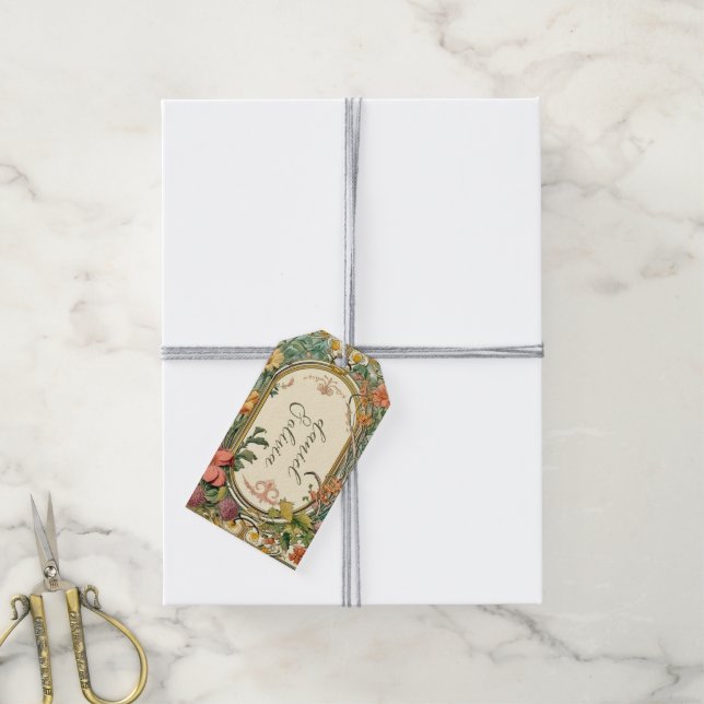 Étiquettes-cadeau Mariage frontalier orné fleur sauvage victorien (Avec de la ficelle)