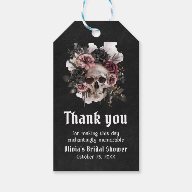 Étiquettes-cadeau Mariage gothique floral noir Shower Halloween crân (Devant)