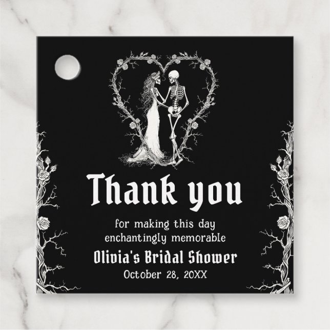 Étiquettes Cadeau Mariage gothique noir de Halloween avec squelette (Devant)