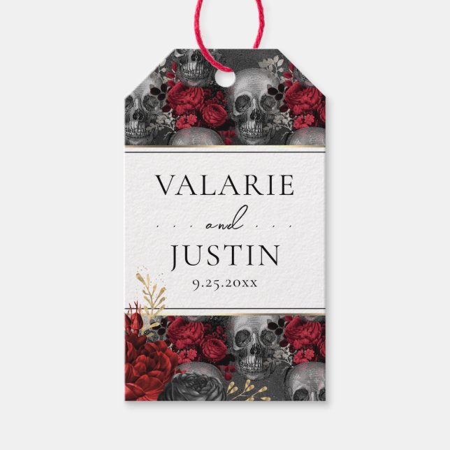 Étiquettes-cadeau Mariage gothique rouge noir floral (Devant)