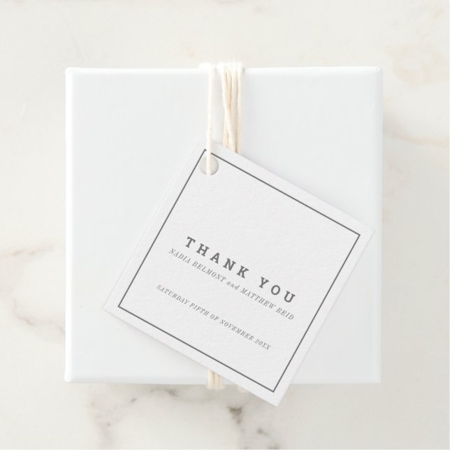 Étiquettes Cadeau Mariage gris gris carré blanc minimal merci (En situation)