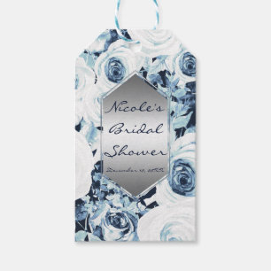 Étiquettes-cadeau Mariage Hiver Argent Bleu Blanc Roses Vintage