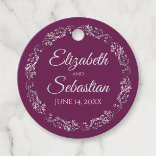 Étiquettes Cadeau Mariage Lacy Argent Bordure Elégante Cassis Violet