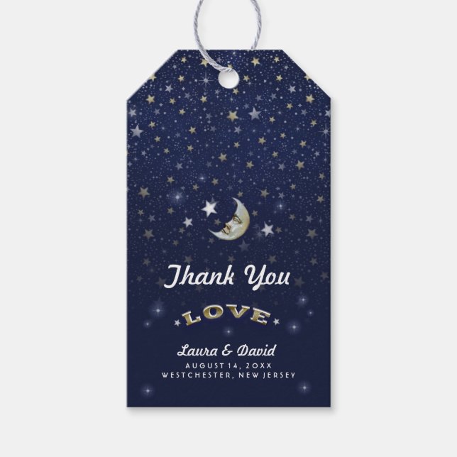 Étiquettes-cadeau Mariage Marine Blue Gold & White Moon & Stars (Devant)