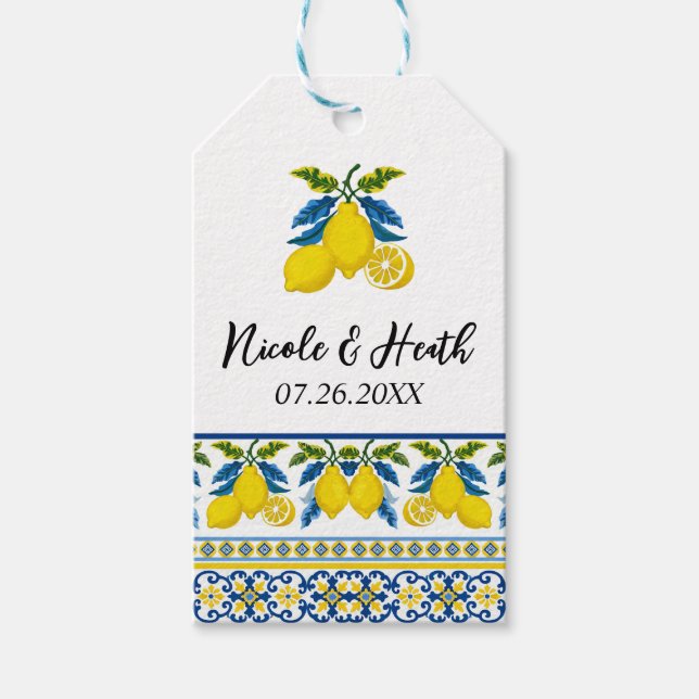 Étiquettes-cadeau Mariage Méditerranéen Aquarelle Eau Jaune Bleu (Devant)