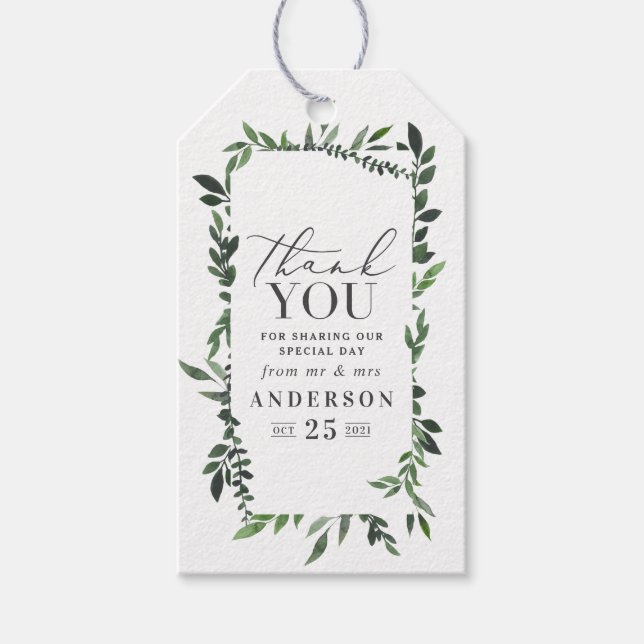 Étiquettes-cadeau mariage Merci aquarelle feuillage (Devant)