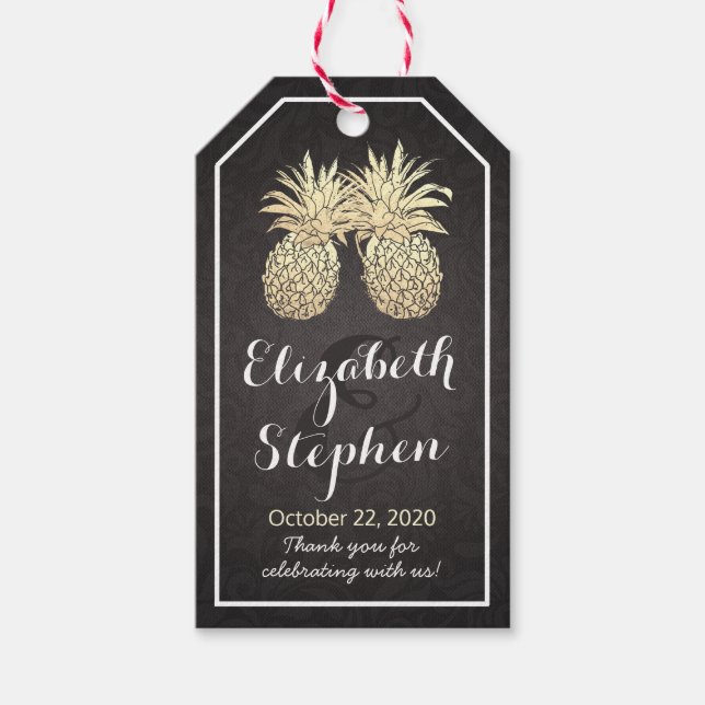 Étiquettes-cadeau Mariage Merci Chic Black Gold Ananas Couple (Devant)