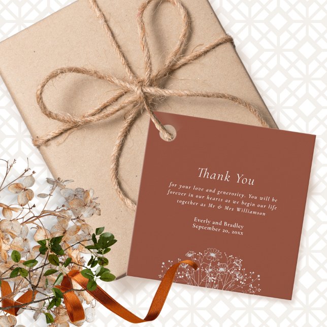 Étiquettes Cadeau Mariage Merci floral en terre cuite foncée (Créateur téléchargé)