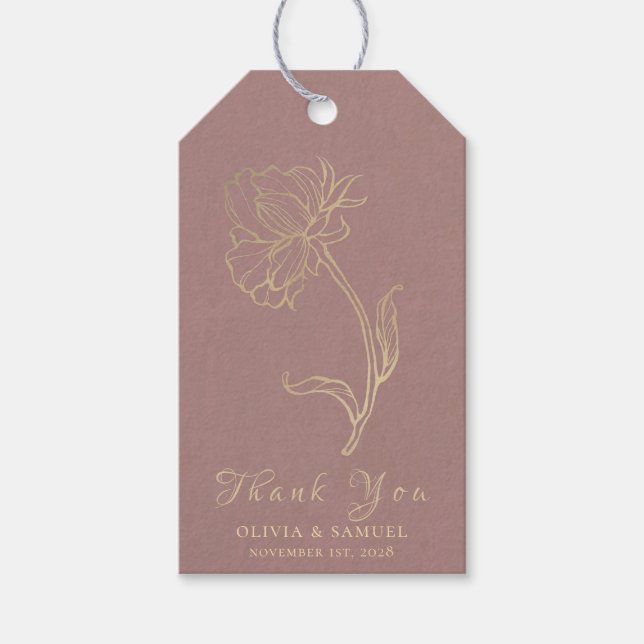 Étiquettes-cadeau Mariage Merci Gold Flower Dusty Rose Script (Devant)