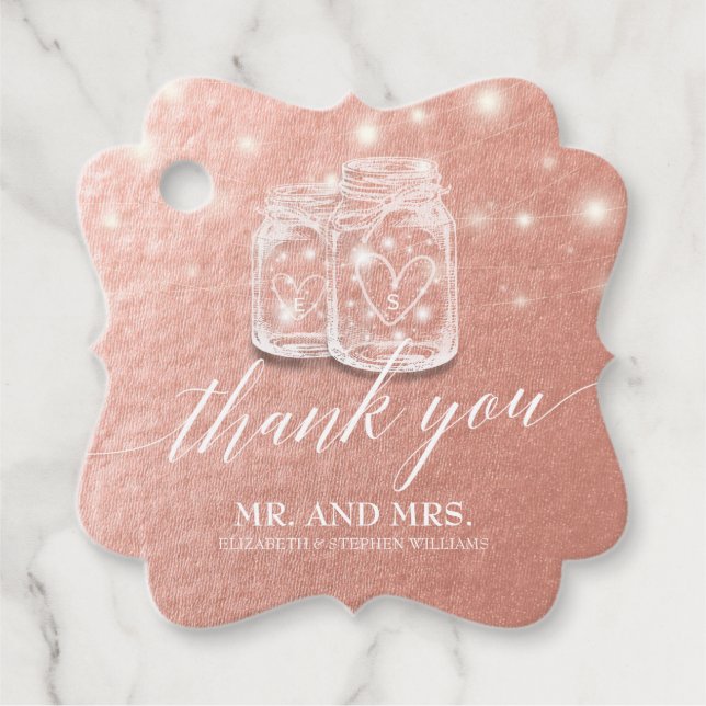 Étiquettes Cadeau Mariage Merci Mason Jar String Rose or (Devant)