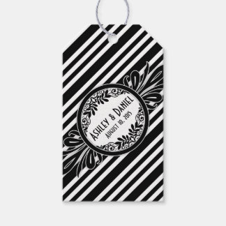 Étiquettes-cadeau Mariage Merci noir blanc rayures florales