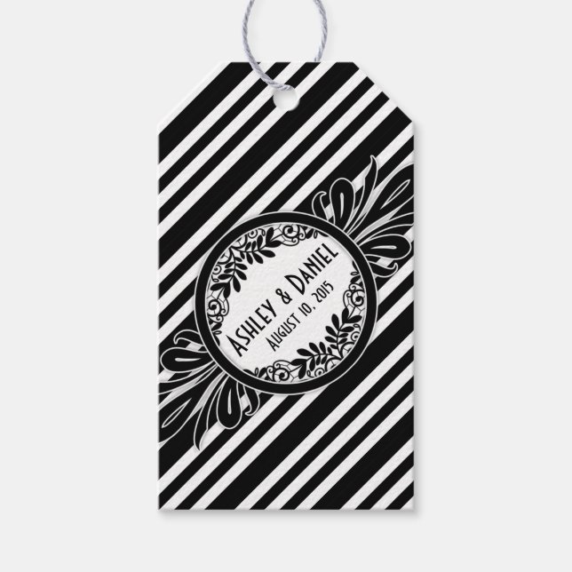 Étiquettes-cadeau Mariage Merci noir blanc rayures florales (Devant)