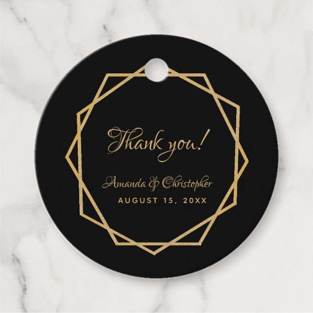 Étiquettes Cadeau Mariage Merci Or noir Elégant géométrique (Devant)