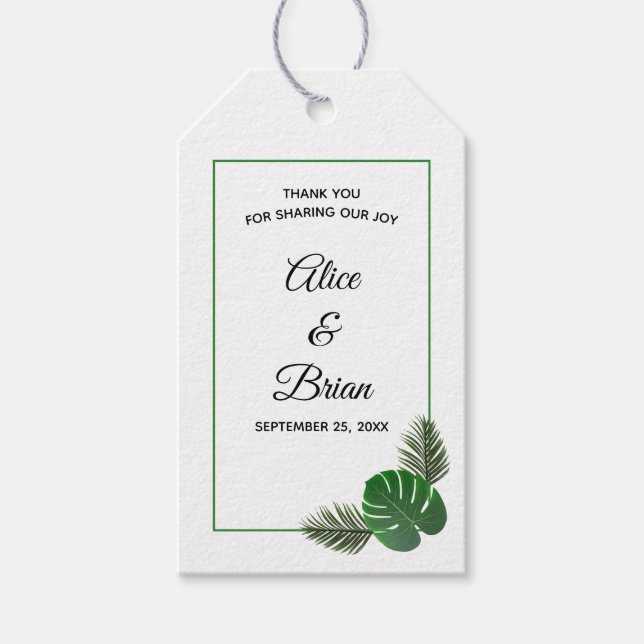 Étiquettes-cadeau Mariage minimal moderne de verdure tropicale (Devant)