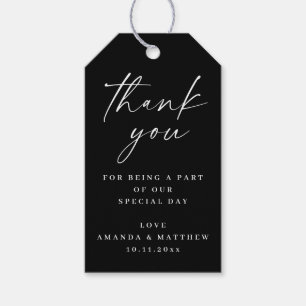 Étiquettes-cadeau Mariage minimaliste noir Merci. Écriture élégante