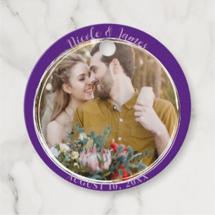 Étiquettes Cadeau Mariage Minimaliste Rond Photo Royal Pourpre