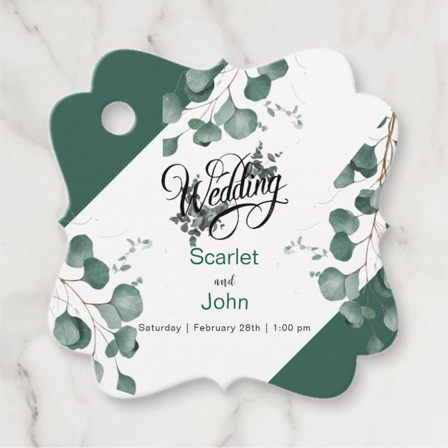 Étiquettes Cadeau Mariage moderne au vert sauge aquarelle avec eucal (Devant)