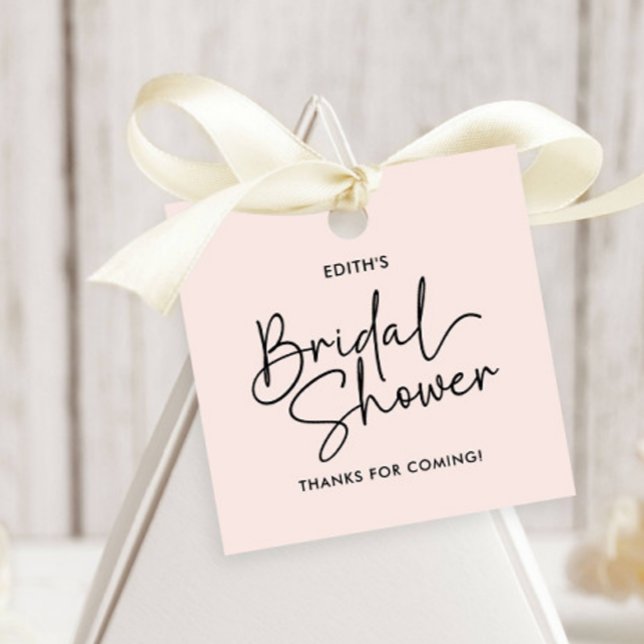 Étiquettes Cadeau Mariage moderne Script écriture manuscrite rose po (SQUARE TAG BRIDAL SHOWER TIPOGRAPHY SIGNATURE LIKE FONT ELEGANT MODERN BLUSH PINK)