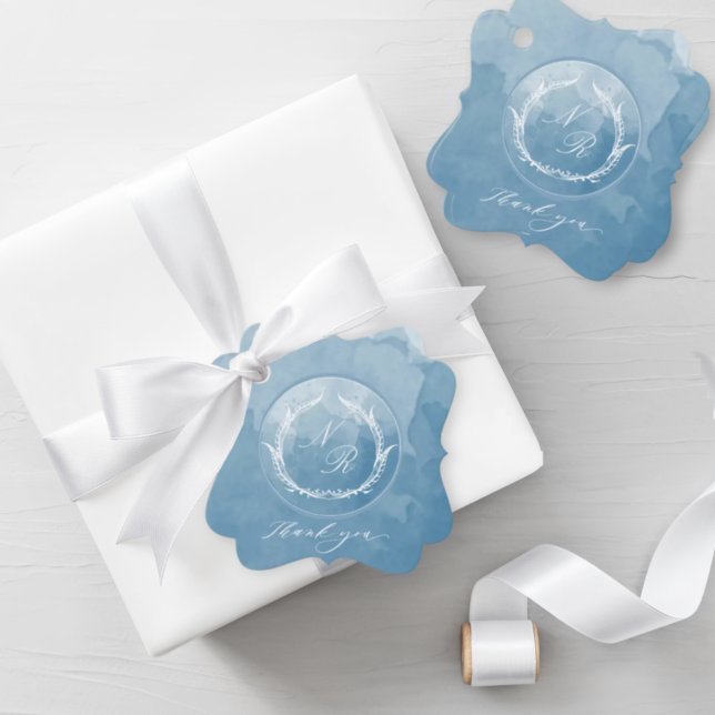 Étiquettes Cadeau Mariage monogramme bleu classique et élégant (Créateur téléchargé)