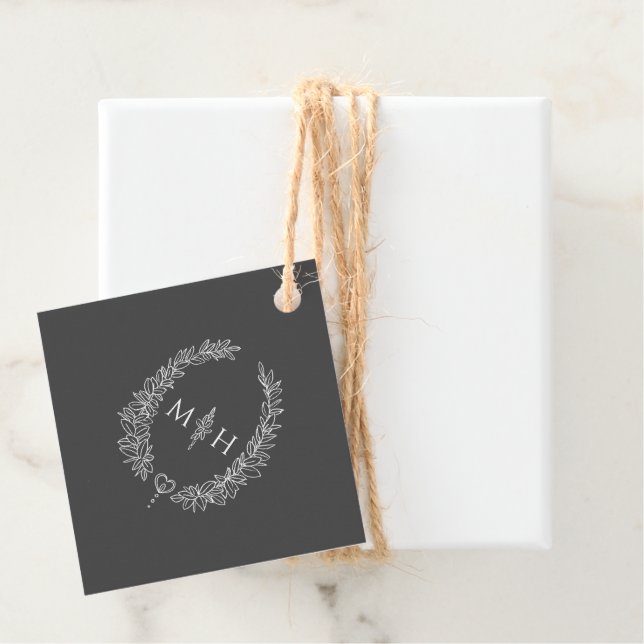 Étiquettes Cadeau Mariage monogramme gris foncé blanc feuille ovale (En situation)