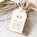 Étiquettes-cadeau Mariage Monogramme Noir & Ecru classique Bienvenue<br><div class="desc">Le design élégant de monogramme de mariage comprend vos initiales en lettres serif noires classiques biscuites par une fine ligne verticale sur un arrière - plan écu d'ivoire chaud. Personnaliser avec trois champs de texte modifiables ; avec un message de bienvenue, ce qui fait de ces étiquettes la touche finale...</div>