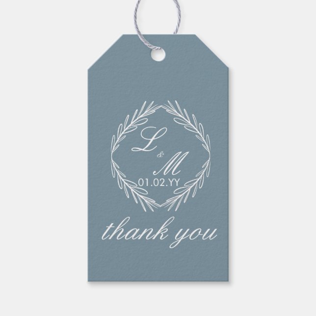 Étiquettes-cadeau Mariage Monogramme Script Branche Bleu Poussiéreux (Devant)
