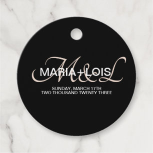 Étiquettes Cadeau Mariage Monogramme Script Moderne Noir Rose Blush