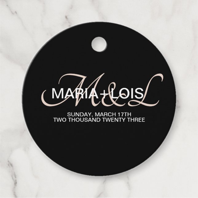 Étiquettes Cadeau Mariage Monogramme Script Moderne Noir Rose Blush (Devant)