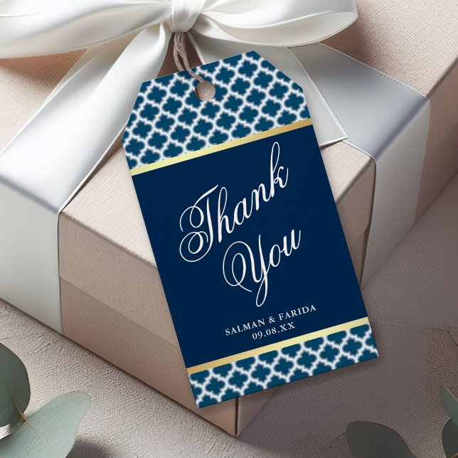 Étiquettes-cadeau Mariage Motif Blue Moroccan Quatrefoil (Créateur téléchargé)