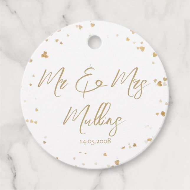 Étiquettes Cadeau Mariage « Mr & Mrs » Cœur Doré (Devant)