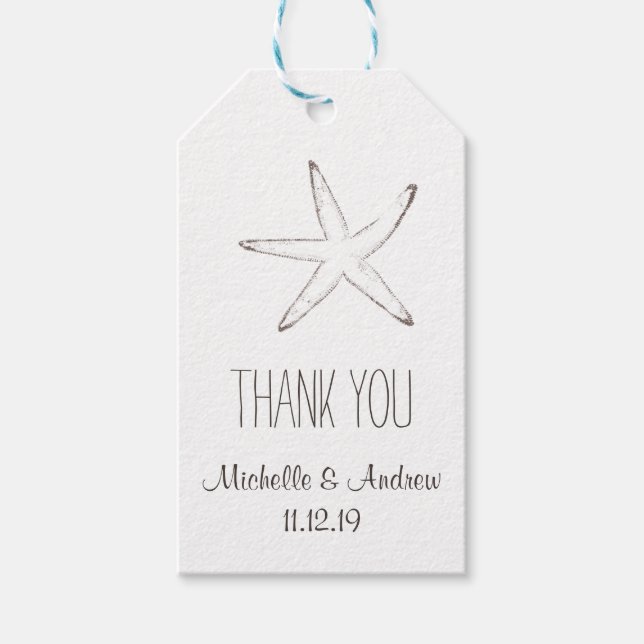 Étiquettes-cadeau Mariage nautique de poisson étoile Merci (Devant)