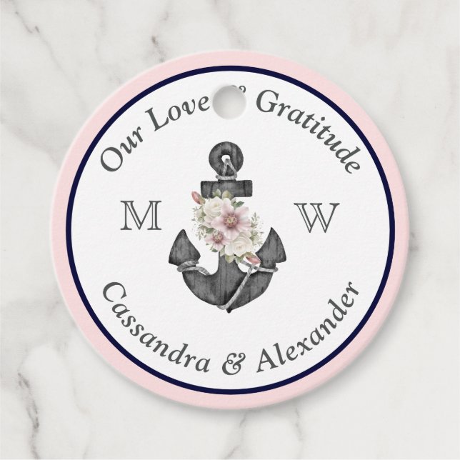 Étiquettes Cadeau Mariage nautique Floral Ancre Marine bleu et rose (Devant)