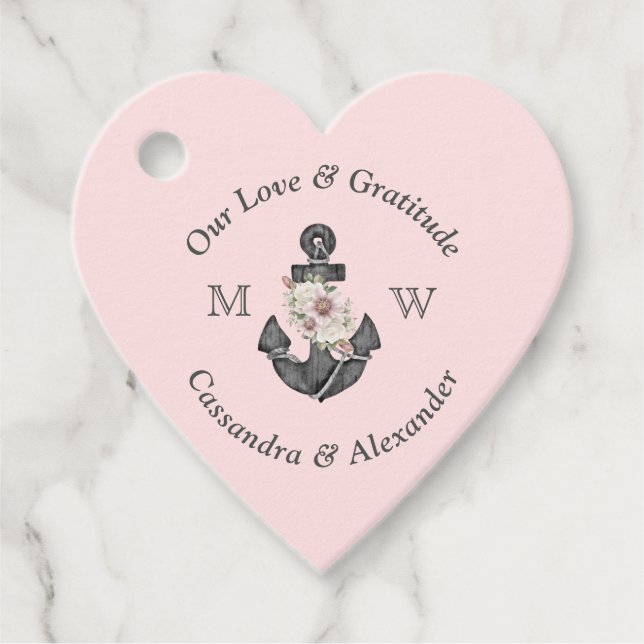 Étiquettes Cadeau Mariage nautique Floral Ancre Marine bleu rose (Devant)