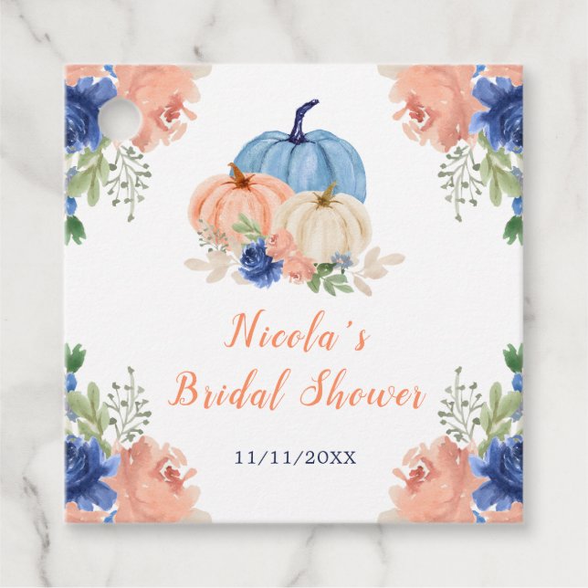 Étiquettes Cadeau Mariage Navy Blue et Blush Floral Pumpkins (Devant)