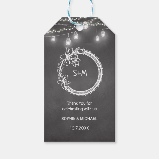 Étiquettes-cadeau Mariage Noir Blanc Pot Mason Tableau (Devant)