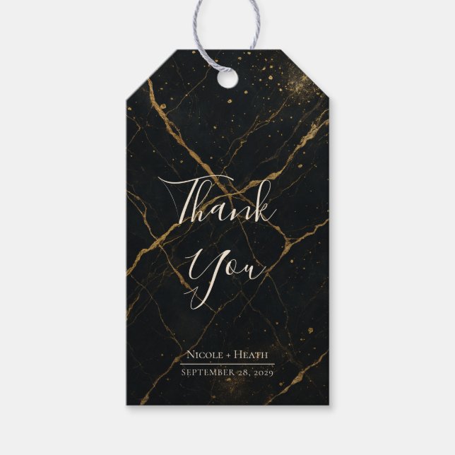 Étiquettes-cadeau Mariage noir et or de marbre de minuit doré (Devant)