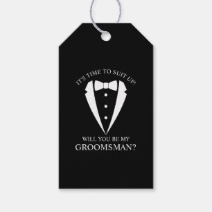 Étiquettes-cadeau Mariage noir Tuxedo Suit Groomsman Proposition