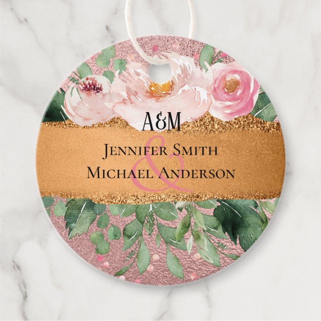 Étiquettes Cadeau Mariage Pailleté Métalisé Rose Gold avec Motif Flo (Devant)